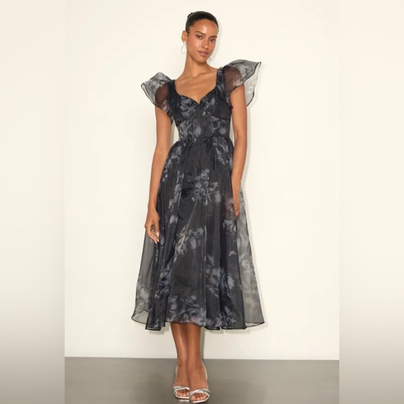 Lulus Dresses & Skirts - NWT Lulus Mesmerizing Black Floral Organza Ruffled Midi Dress | Size Small